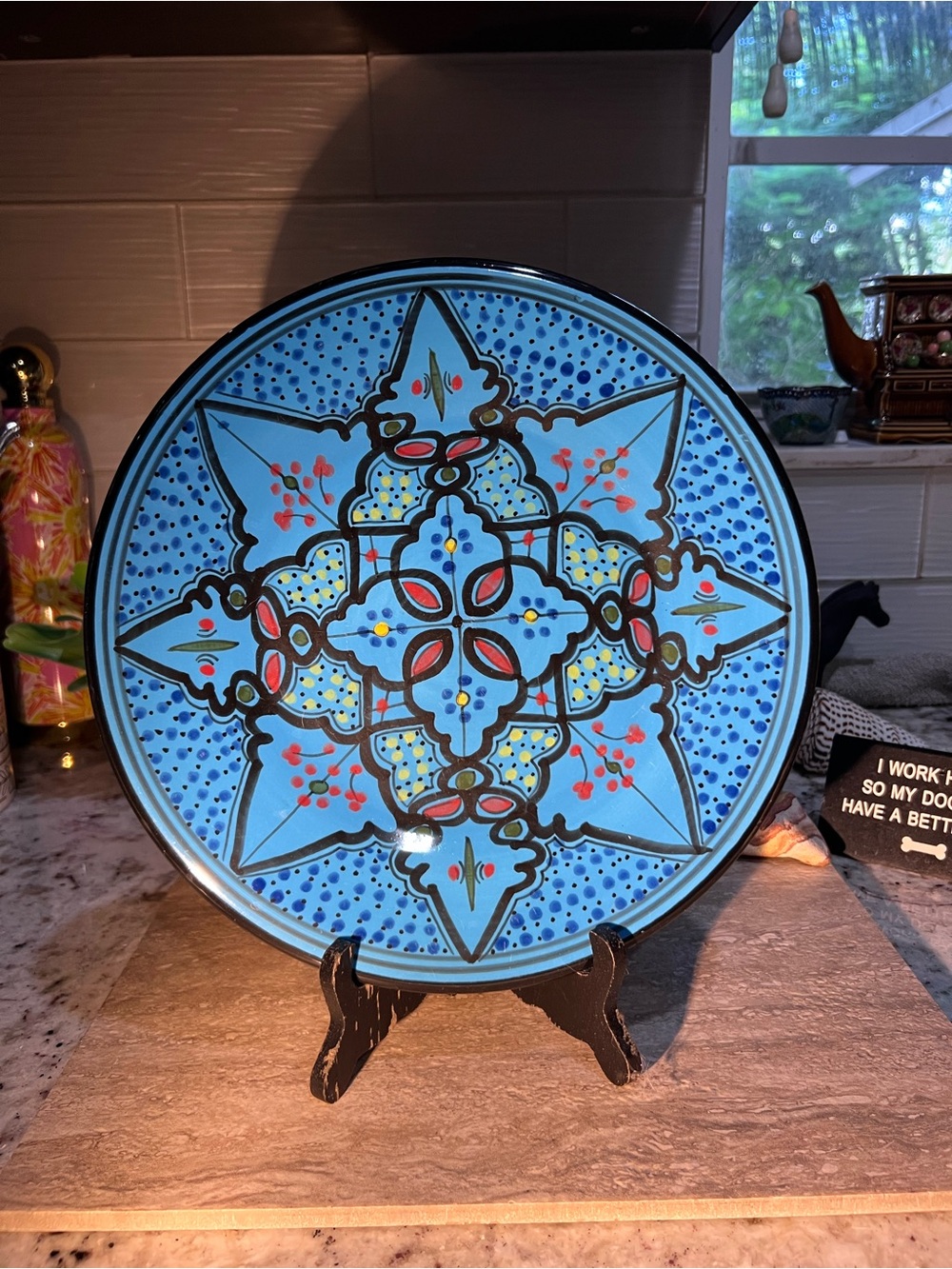 Blue Decorative Ceramic Plate - Intricate Floral Medallion 11” Diameter